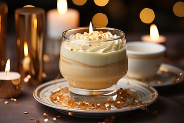 A romantic dessert setup with a creamy layered dessert in glasses, surrounded by lit candles and golden lights.