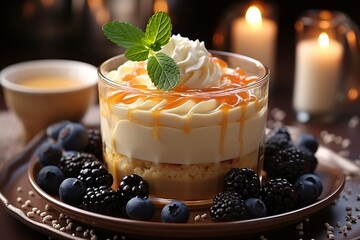 Elegant dessert setting featuring a caramel drizzled dessert topped with whipped cream and fresh mint.