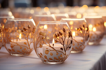 Row of illuminated glasses with delicate white leaf patterns on a table, evening ambiance.