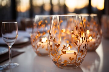 Close-up of illuminated glass candle holders with delicate white leaf designs, soft background lighting.