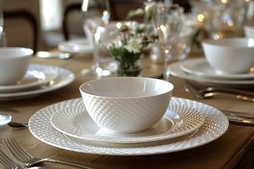 Elegant dining table setting with white plates, bowl, silverware, and floral centerpiece.