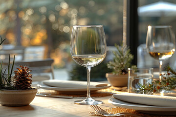 A festive dining table set with wine glasses, plates, and holiday decorations.