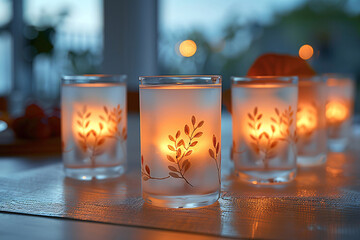 Four translucent glasses with white leaf patterns, glowing warmly on a romantic evening table.
