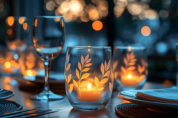 Elegant table setting featuring glasses with white leaf patterns and a warm, ambient lighting.