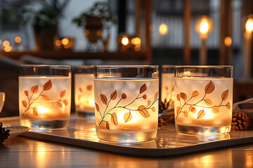 Candlelit dinner table featuring glasses with delicate white leaf designs, creating a warm, romantic ambiance.