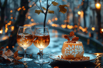 Romantic outdoor table setting with decorated glasses, dessert, and bokeh lights in the background.