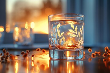 Close-up of a glass with white leaf designs, illuminated by warm candlelight.