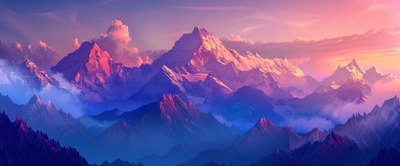 Fototapeta premium A breathtaking mountain vista at sunrise, misty peaks, vibrant colors, DSLR camera with a prime lens, dawn light, awe-inspiring landscape., cartoon style, background,comic panel background