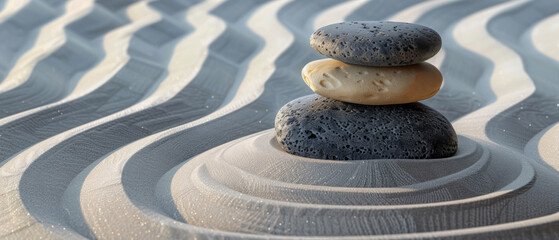 Three rocks are sitting on top of a wave in the sand. Generative AI.
