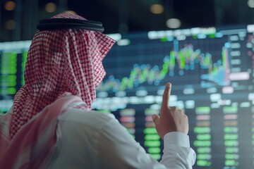Fototapeta premium A Saudi Arabian Gulf businessman pointing his hand at the stock exchange screen.