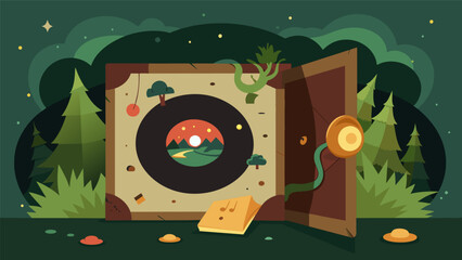 A whimsically drawn record sleeve reveals a hidden map leading to a treasure buried deep within the enchanted forest. Vector illustration