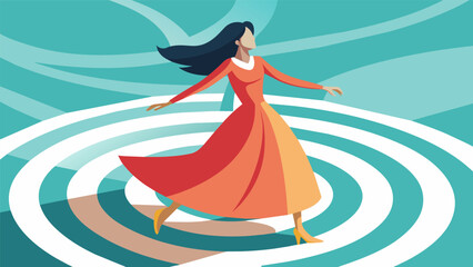 A woman in a flowing s twirling and dancing as she walks through the winding turns of a labyrinth.. Vector illustration