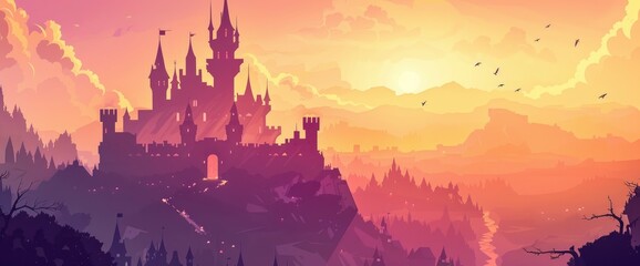A majestic castle on a hilltop at dawn, misty atmosphere, warm colors, Background Banner HD