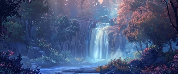 A majestic forest waterfall at dawn, misty atmosphere, serene ambiance, Background Banner HD