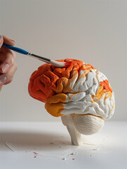 Colorful Paint Sculpture of Human Brain with Paintbrush