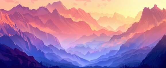 A majestic mountain pass at sunrise, misty peaks, warm colors, Background Banner HD