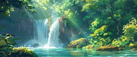 A majestic waterfall hidden in the forest, cascading waters, lush greenery, Background Banner HD