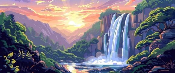 A majestic waterfall in the mountains at sunrise, cascading water, Background Banner HD