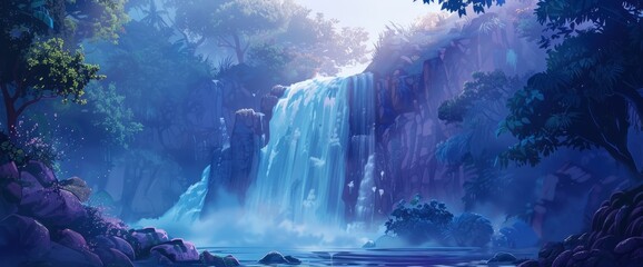 A majestic waterfall in the rainforest at dawn, cascading water, misty atmosphere, Background Banner HD
