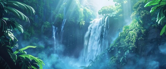 Obraz premium A majestic waterfall in the rainforest at dawn, cascading water, misty atmosphere, Background Banner HD