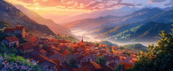 A picturesque village nestled in the mountains at sunrise, misty valleys, warm colors, Background Banner HD