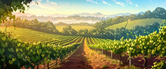 A picturesque vineyard at dawn, rows of grapevines, misty atmosphere, Background Banner HD