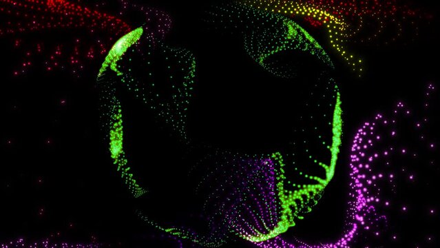 Moving flow green color particles flashing micro units grainy sands on space background, abstract animation neon crystals wave. 3D animated vibrant sound hi-tech motion design for art cinematic titles