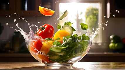 Fresh vegetables drop in to a glass bowl full with water - Powered by Adobe
