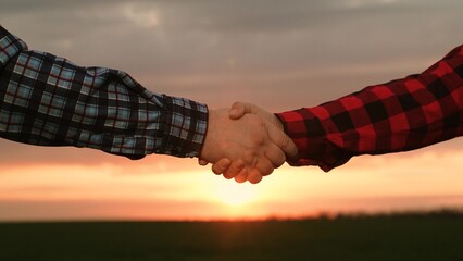 Man and woman farmer agronomist shaking hands making deal collaboration at sunset field closeup