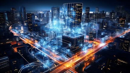 Obraz premium An aerial view of a modern city illuminated at night, with traces of traffic lights and futuristic buildings