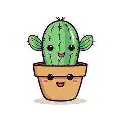 Cute cartoon cactus smiling cheerfully inside brown pot. Happy anthropomorphic houseplant character green thorns. Smiling plant illustration cute home decor friendly