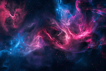 Vibrant neon galaxy with pink and blue swirling stars. Stunning cosmic artwork on black background.