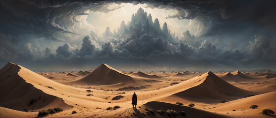Fantasy desert dunes landscape with unreal cloud formations looking like a city in the sky, a lone male adventurer stands in awe at the vista on the horizon. 