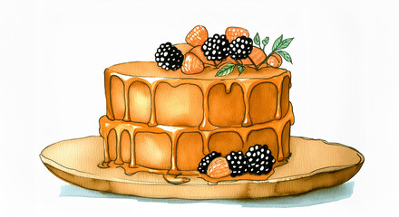 A two-tiered cake, adorned with dripping caramel and crowned with berries