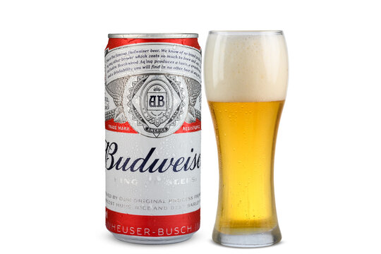 S&Atilde;O PAULO-BRAZIL, May 03, 2024 Budweiser beer can, can and beer glass, cold drink, WHITE BACKGROUND
