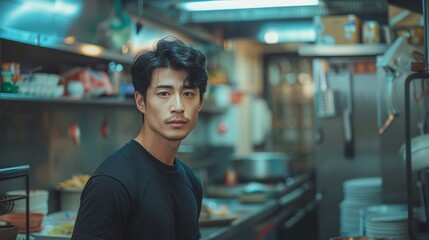 Bring to life an Asian male model donning an oversized black tee in a retro Hong Kong kitchen setting Focus on a blend of sophistication and laid-back style