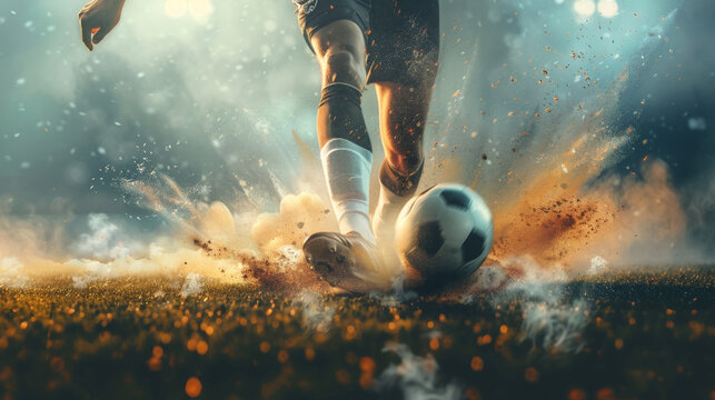 Soccer player in action on the stadium, kicking the ball for a goal, with motion blur and dust particles around. A concept of sport competition
