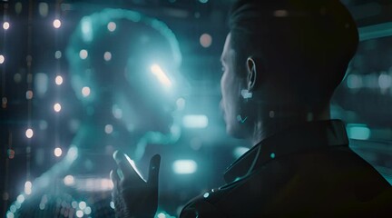 Businessman talking to a hologram of a digital human.