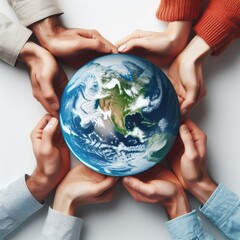 People's Hands holding planet earth World Population Day isolated on a white background