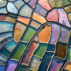 Fototapeta premium Top-down shot of vibrant, multi-colored salt evaporation ponds creating an abstract pattern
