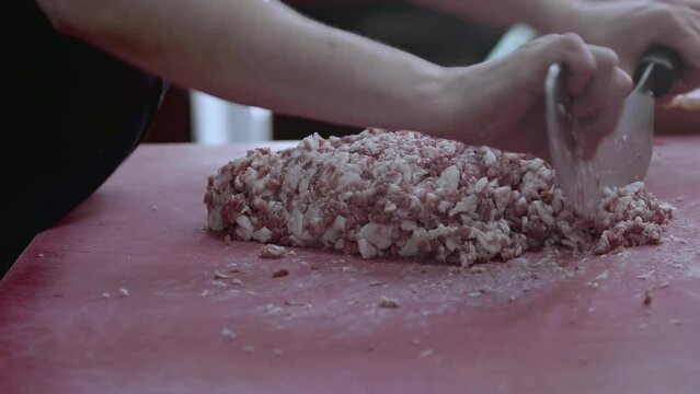 Shish Kebab Master Prepares Lamb Meat with an Armor Knife Footage.