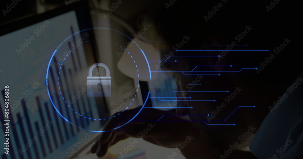 Poster image of digital interface online security over man working with computer screen showing statistics