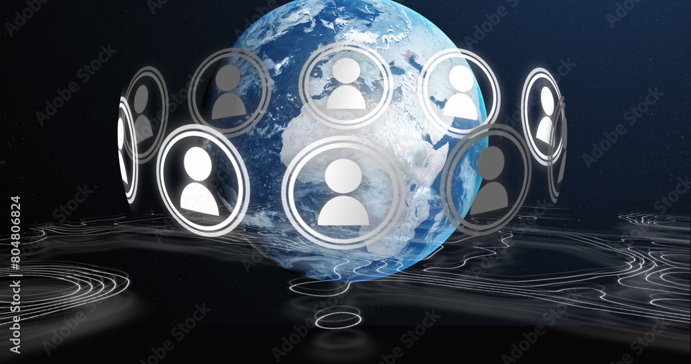 Aufkleber image of digital interface with globe with people icons spinning and map lines on black background