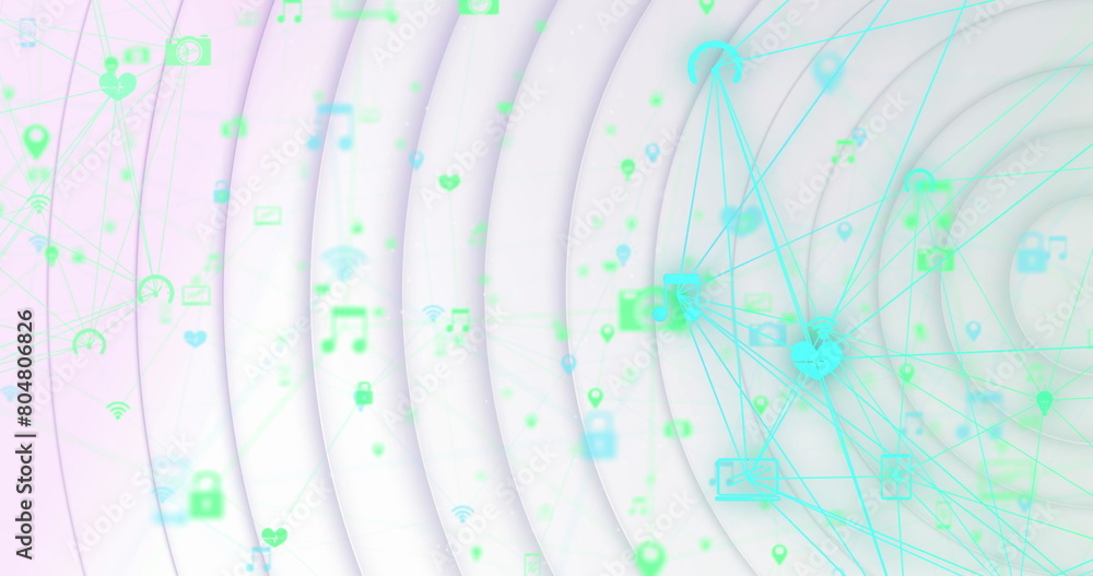 Poster image of digital interface with globe spinning and icons over white circles