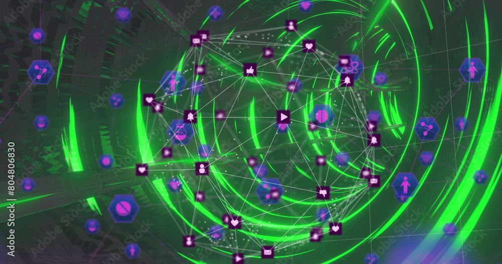 Poster image of digital interface with globe formed with colourful icons and green glowing tunnel