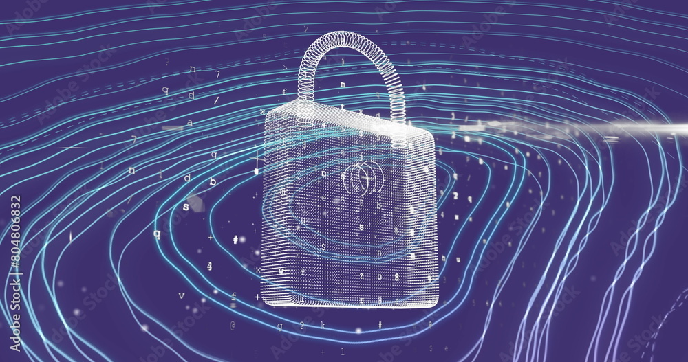 Aufkleber image of digital interface with online security padlock icon with map lines on purple background