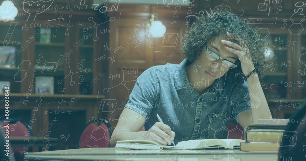 Aufkleber digital composition of chemical structures floating against college student writing notes in library