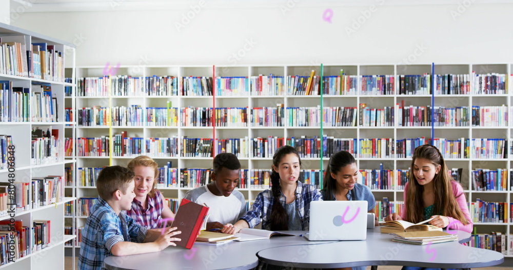 Poster digital composition of multiple alphabets floating against group of students studying in library