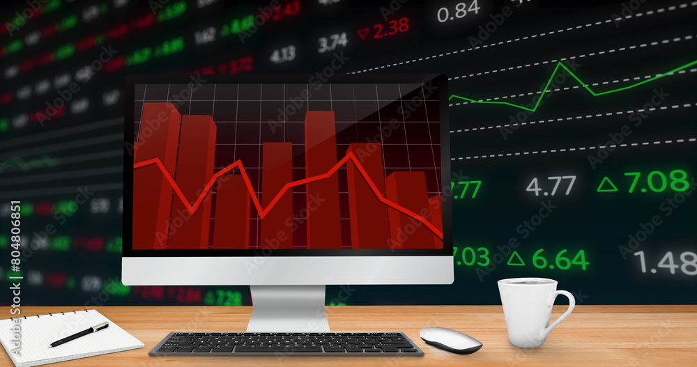 Poster image of statistics recording on computer screen with financial data processing