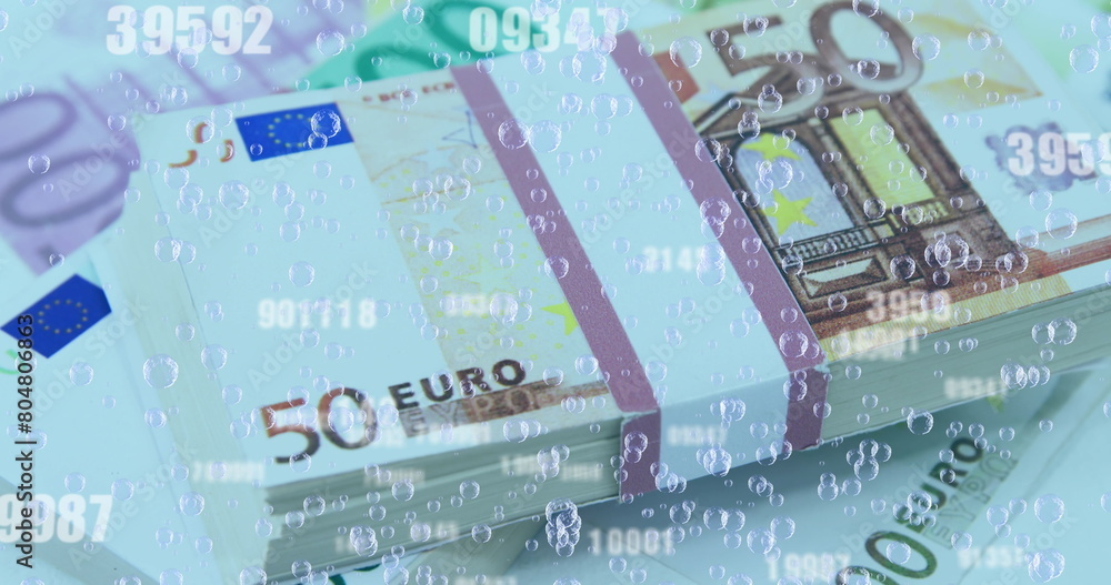 Poster image of numbers changing and bubbles over stacks of euro currency bills